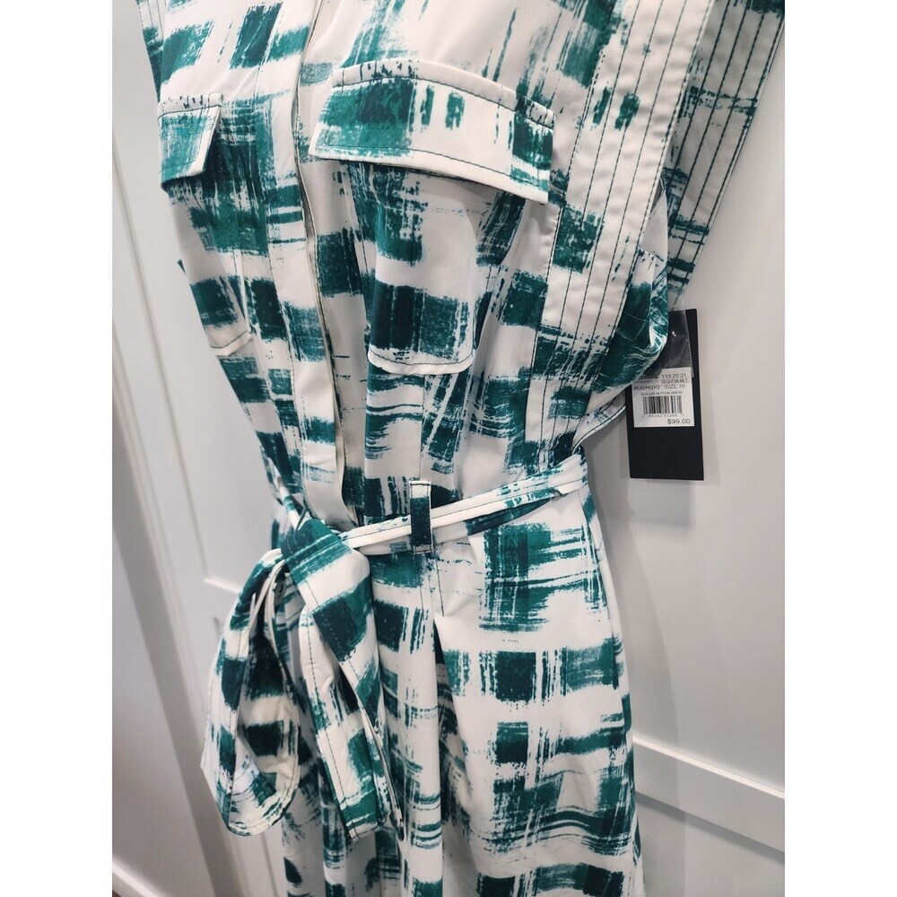 NEW ANDREW MARC WOMENS BELTED SHIRT DRESS SIZE 10 Green White Button Up - Picture 2 of 12